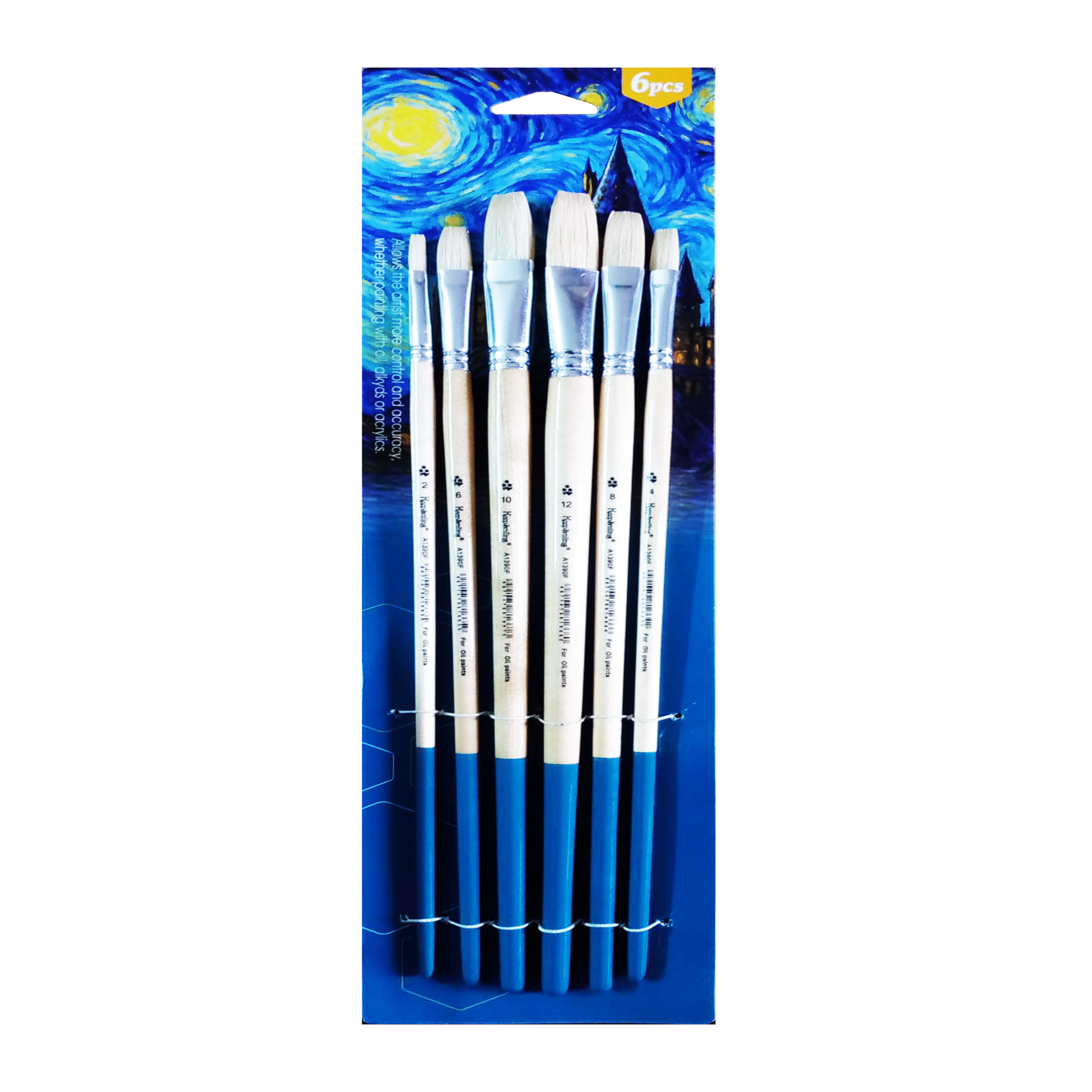 flat brush set for oil 6 Pcs Artist Paint Brush Set – White Hog Bristle Flat Brushes for Oil, Acrylic & Alkyd Painting - Image 1